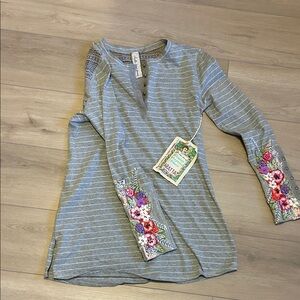 Aratta Gray Striped Top with Colorful Floral Embroidery